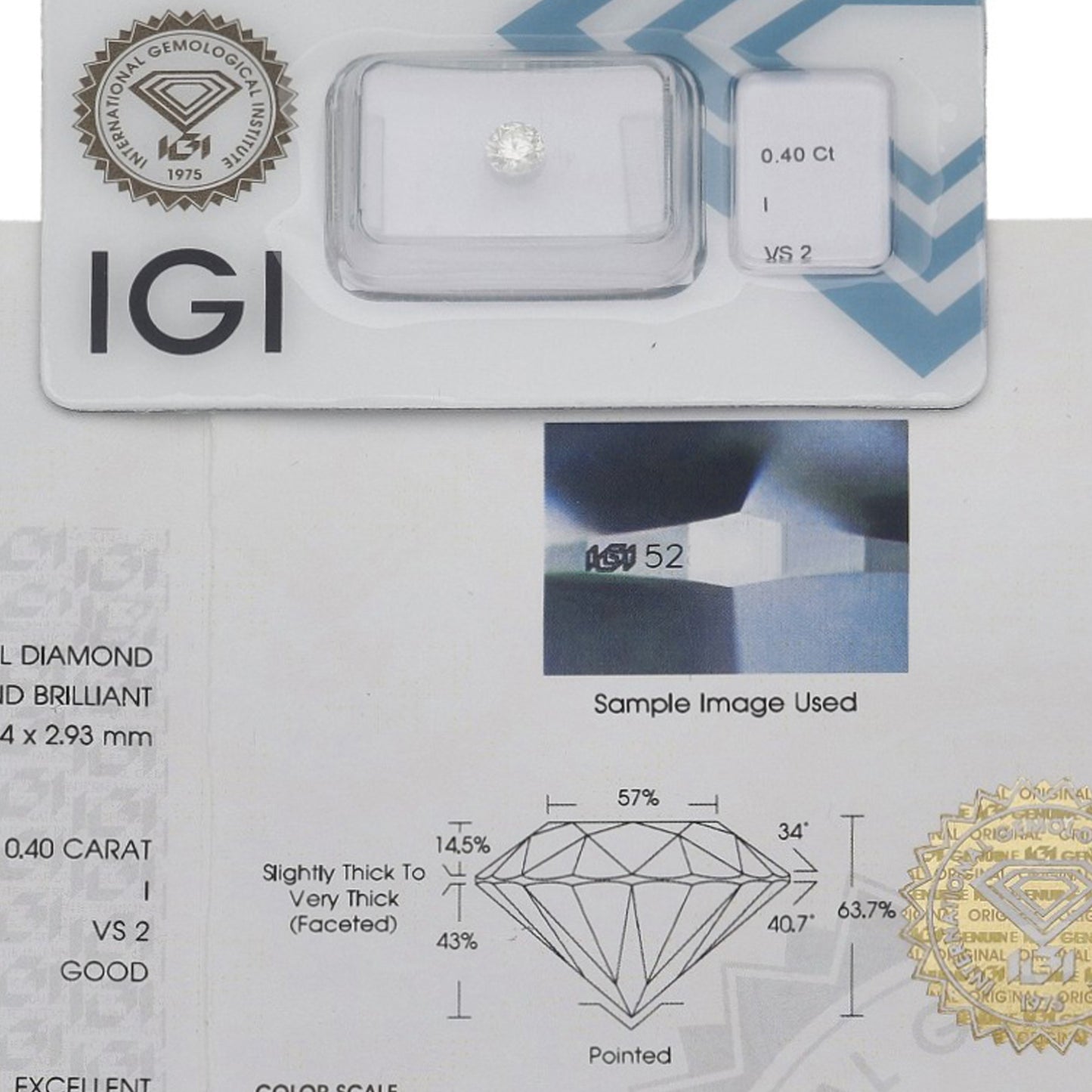 Diamante Talla Brillante 0,40 ct - I - VS2 - Certificado IGI