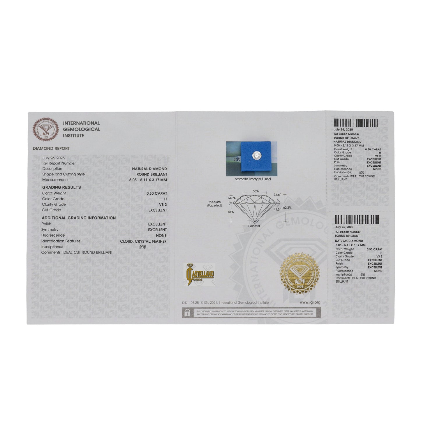 Diamante Talla Brillante 0,50 ct - H - VS2 - Certificado IGI