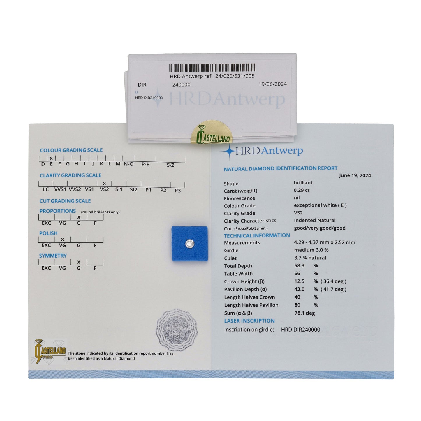 Diamante Talla Brillante 0,29 ct - E - VS2 - Certificado HRD