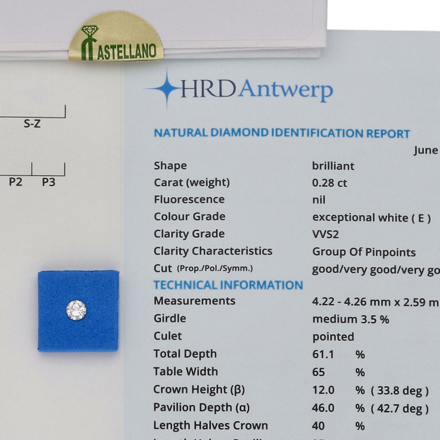 Diamante Talla Brillante 0,28 ct - E - VVS2 - Certificado HRD